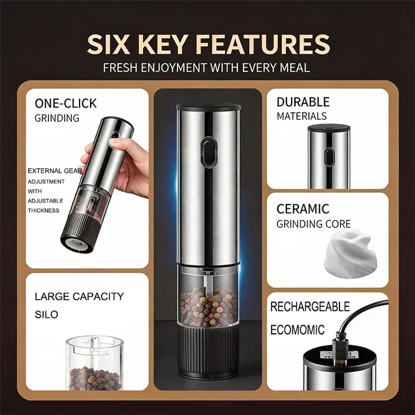 Electric Salt and Pepper Grinder Automatic Rechargeable Pepper Mill Shakers External Adjustable Coarseness Kitchen Appliances