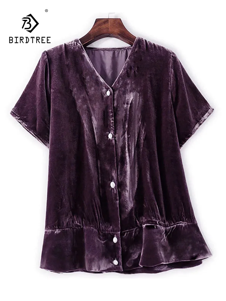 

BirdTree — шелковая элегантная бархатная рубашка, женская пуговица с v-образным вырезом и коротким рукавом, свободная блузка во французском стиле ретро, осень 2023, T58531CC
