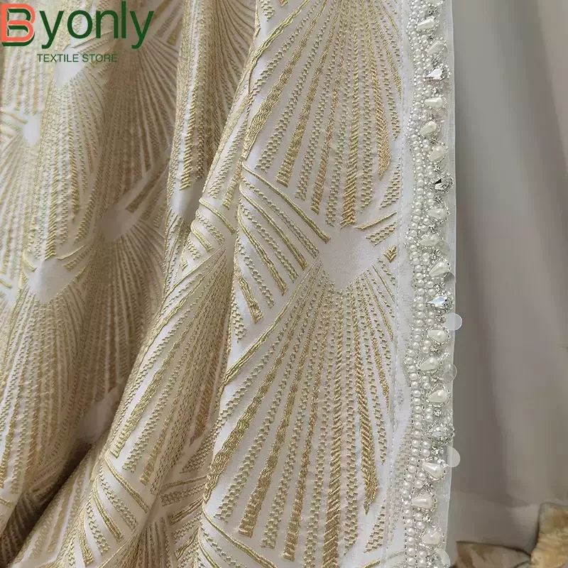 Customized Beige Fan Relief Pearl Lace Splicing Curtains for Living Room Bedroom French Window Balcony Villa Finished Products