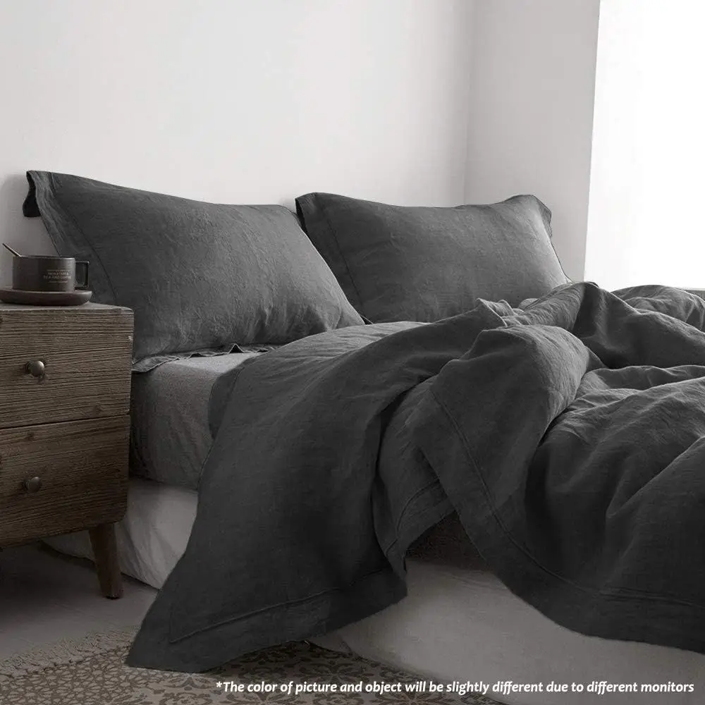 طقم غطاء لحاف من الكتان بحافة مطرزة - 3 قطع (غطاء واحد + 2 شمس)، زر إغلاق، مسامي، نمط المزرعة، رمادي داكن #6