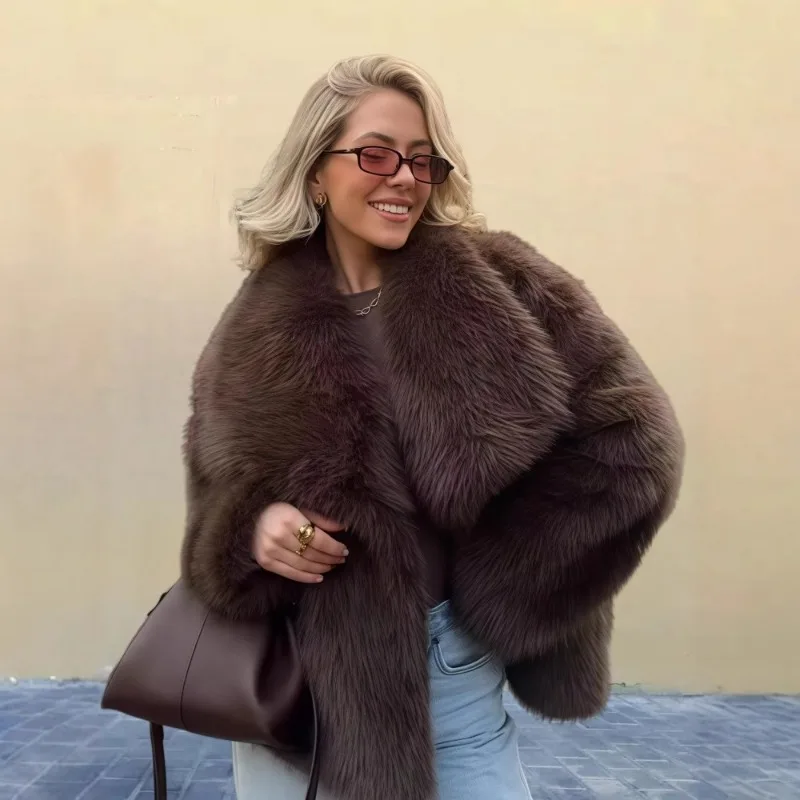 New European American Lapel Long-sleeved Fur Coat for Women 2025 Solid Color Versatile Faux Fur Top Coat Plus-size Women's Wear