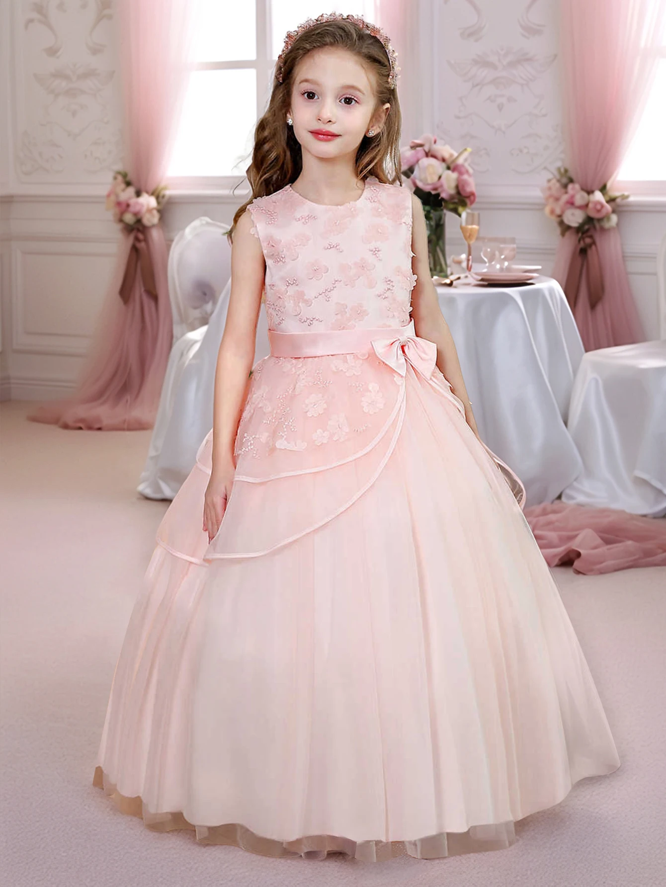 

Кружевное платье подружки невесты, элегантное тюлевое длинное платье трапециевидной формы для девочек, бальное платье для свадебной вечеринки, пасхальный подарок для детей