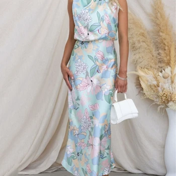우아한 민소매 모크넥 칵테일 파티, 맥시 원피스 꽃 프린트, 여름 새틴 원피스, 숙녀 결혼식 하객 공식 원피스 