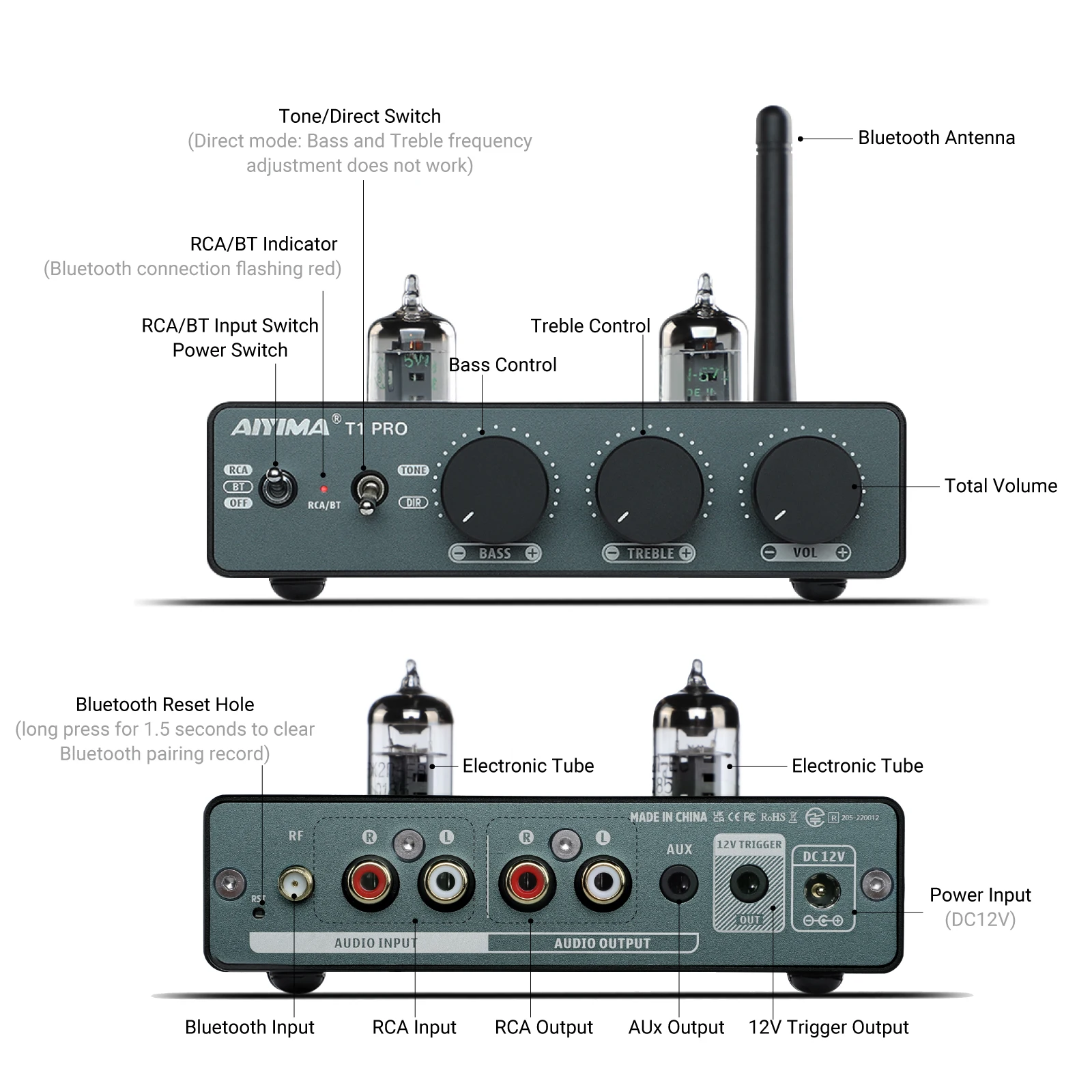 AIYIMA Audio T1 Pro Bluetooth Tube Preamplifier Hifi Stereo Amp Valve Vacuum With Treble&Bass Tone Control for Home Speakers