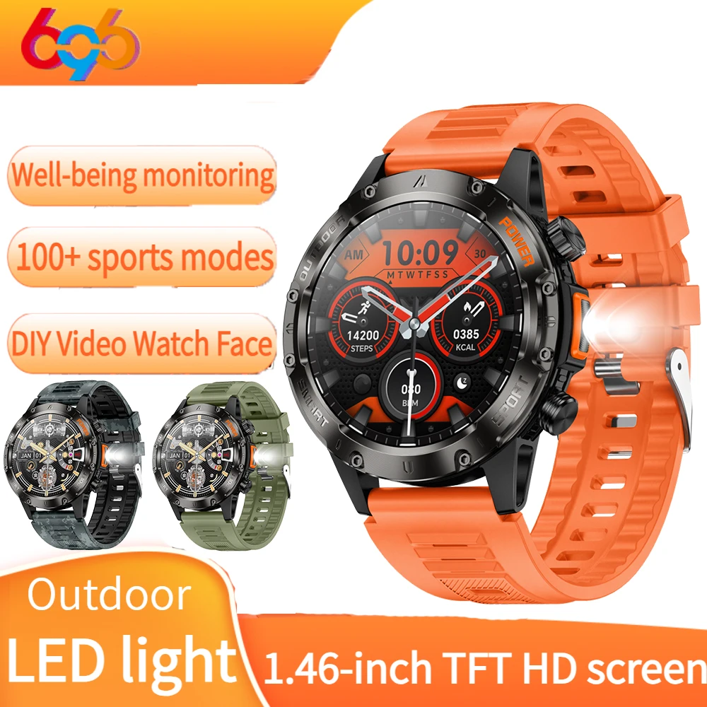 

Blue Tooth Call Smartwatch Health Monitor Outdoors LED Flashlight Smart Watches Men DIY Video Dial 100+ Sports Modes Waterproof