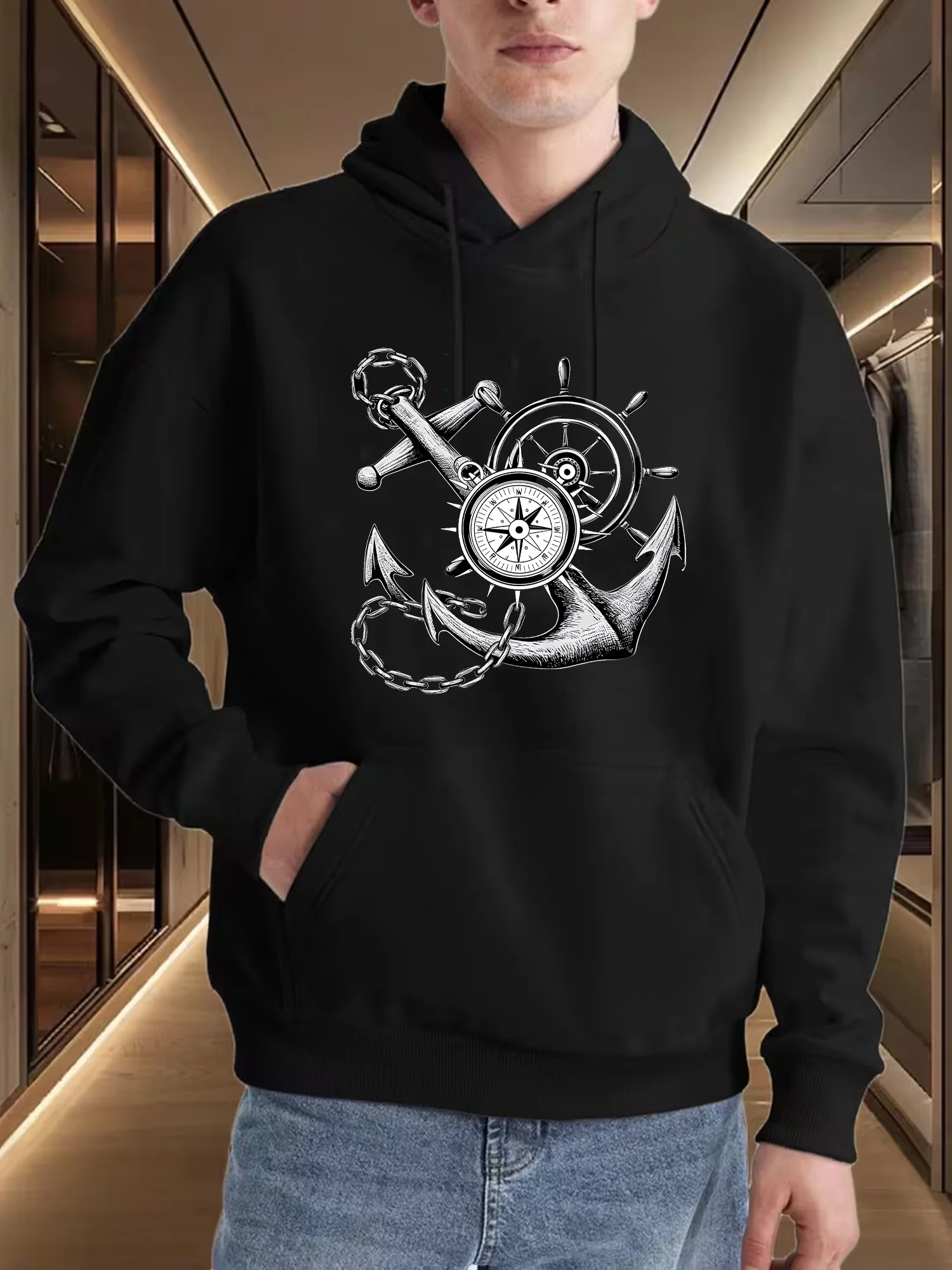 

Мужская темно-синяя толстовка с капюшоном Top Pick Local God Bless You — повседневный пуловер свободного кроя с карманом-кенгуру на весну и осень