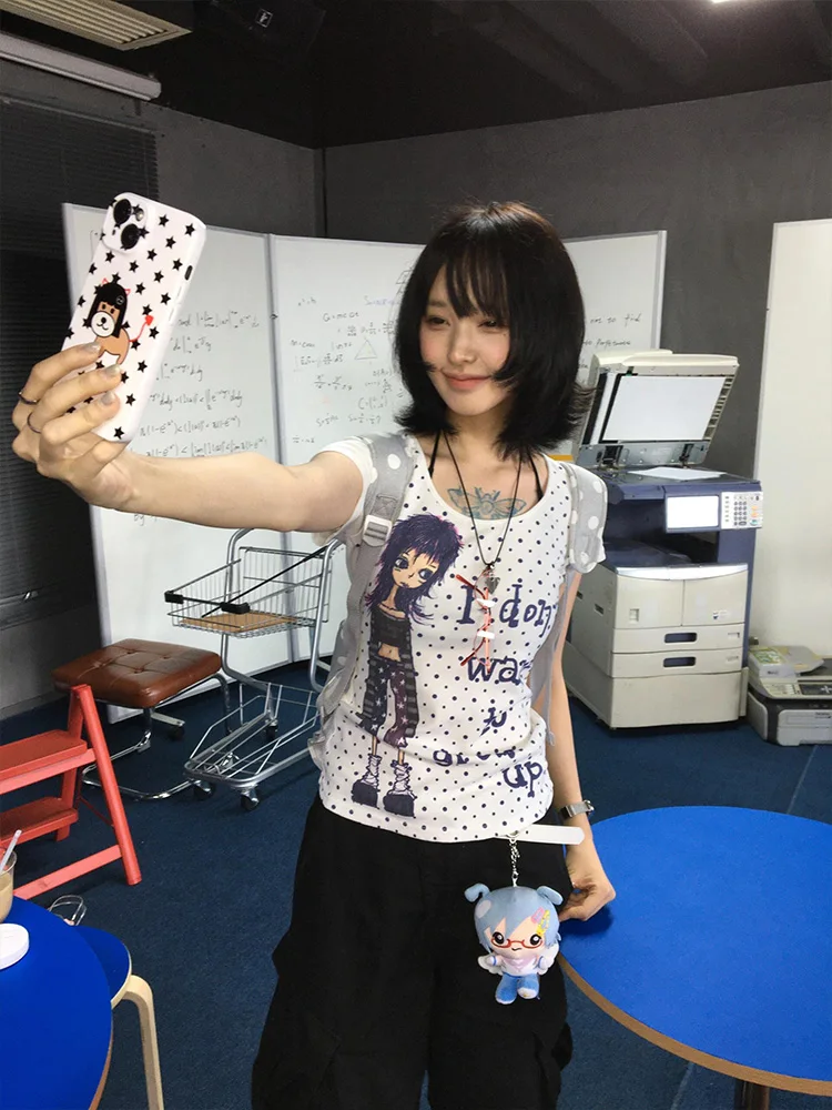 Slim Fit ort Sve T-shirt Dames Zomer Sexy Taille Cinching U-Ne Top Katoen Polyester Blend Vocht Cartoon P...