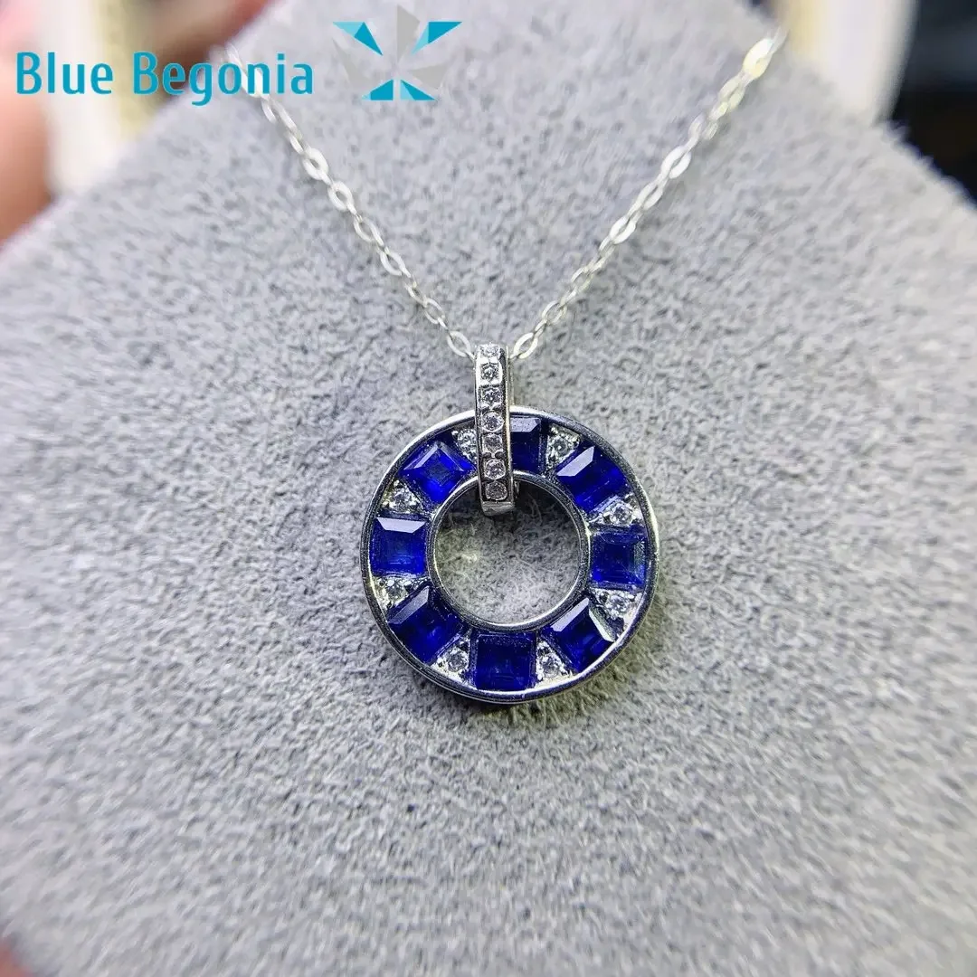 Natural Sapphire Pendant 8pcs 3*3MM Genuine Gemstone Necklace 925 Sterling Silver Jewelry for Women Anniversary Gift