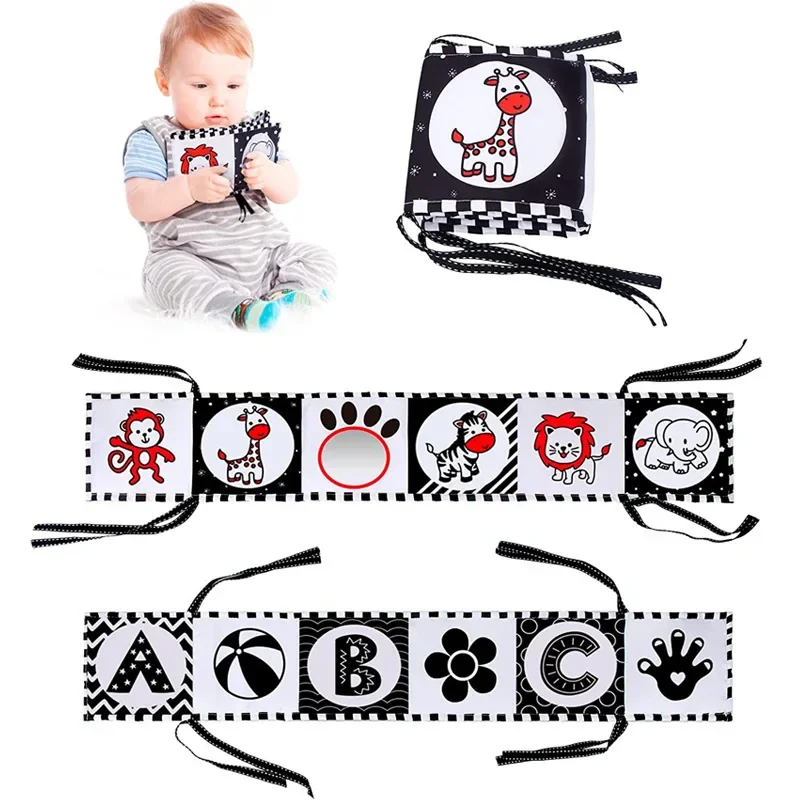 Sensory Cloth Book High Contrast Baby Toys 0-12 Months Newborn Crib Toys Black and White Animal Cloth Books Montessori Baby Book