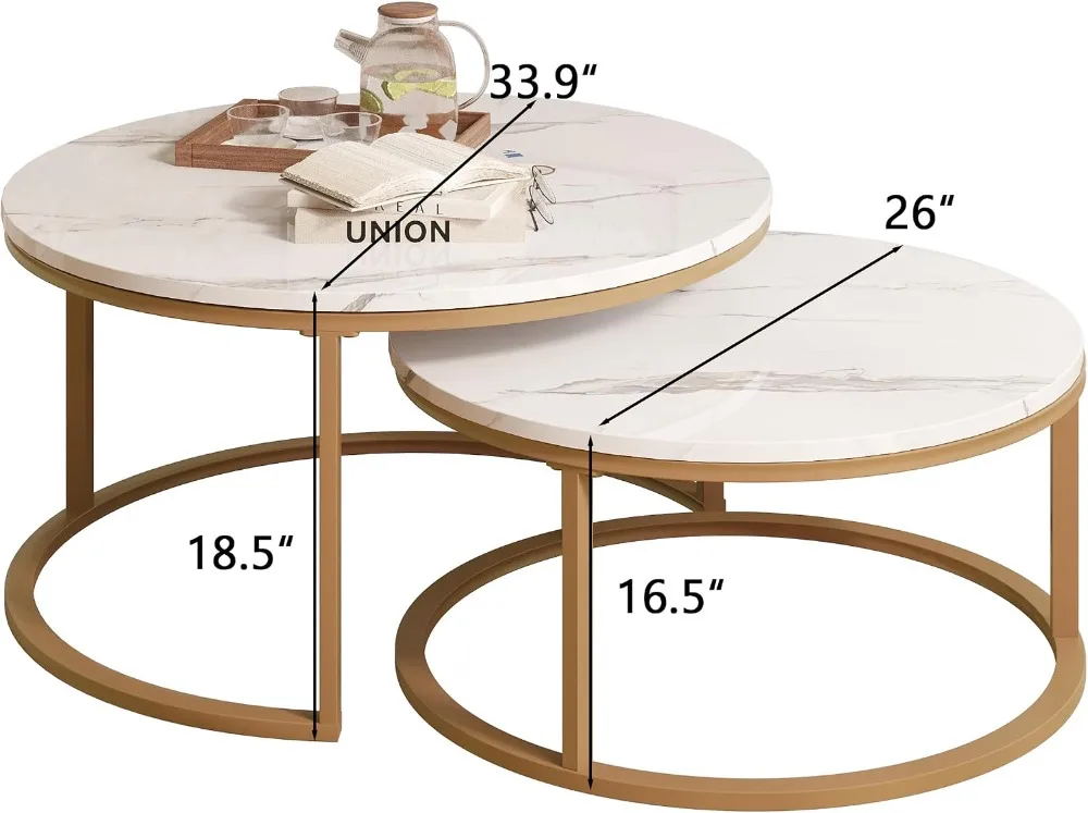 Round Coffee Table Set of 2, Large 34in & Small 26in, Modern Metal Frame, Faux Marble, White & Gold