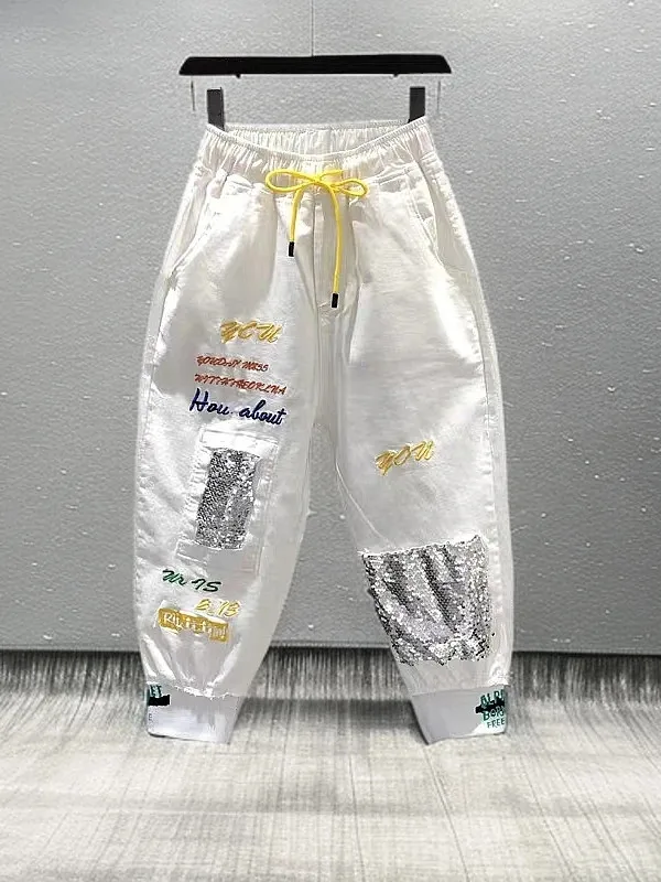 

Spring 2025 New Sle Casual Embroidered iny Sequin Elastic Waist Dstring Eighteen Loose Fit High Waist Harlan Pants Women