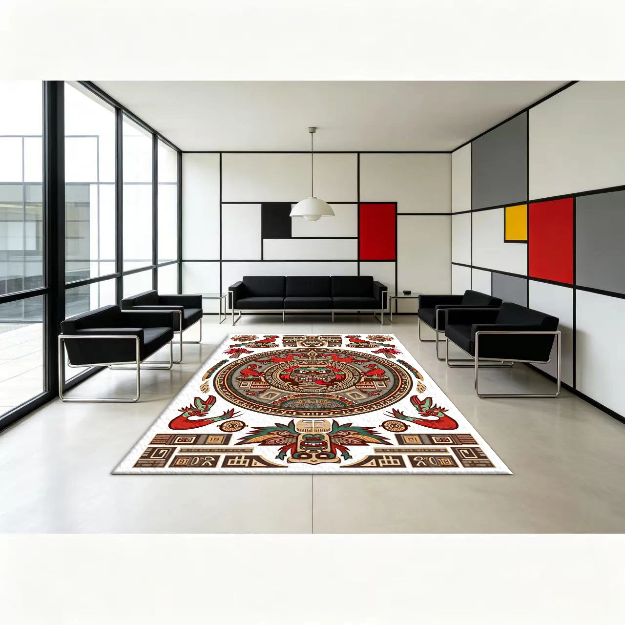 Ancient Mayan Aztec Tribal Calendar Pattern Ethnic Carpet Vintage Culture Printed Rug Non-Slip Floor Mat Suitable for Home Interior Decoration