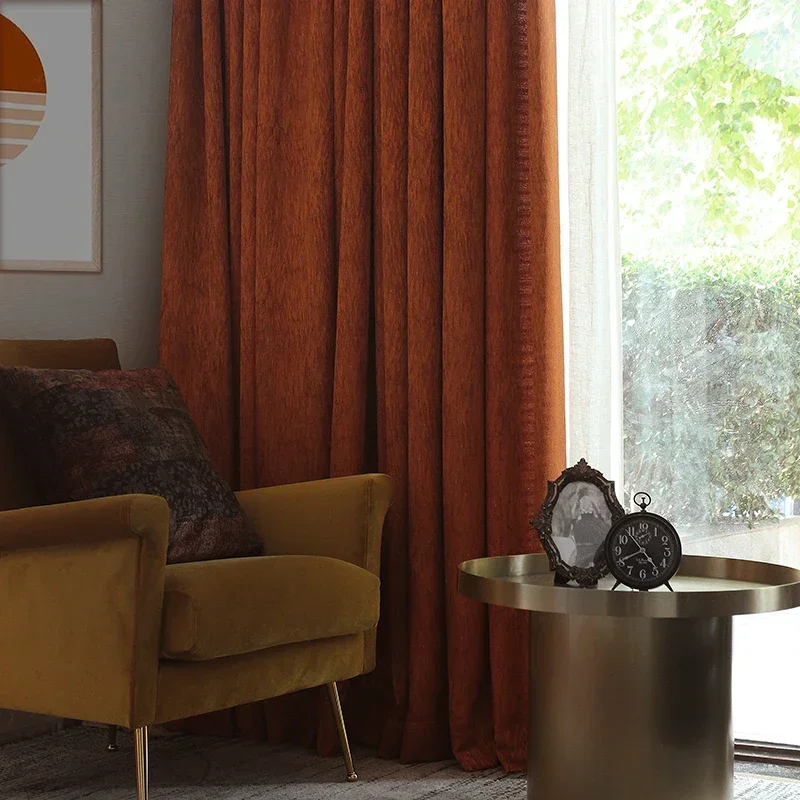 

New Dark Orange Texture Jacquard Thickened Blackout Wind Proof Soundproof Curtains for Living Room Bedroom French Window
