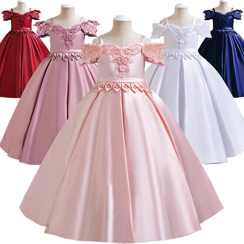 

New Luxury Children's Off-shoulder Satin Beaded Flower Dress for Girls Wedding Evening Elegant Party Bridesmaid Ceremony Dresses