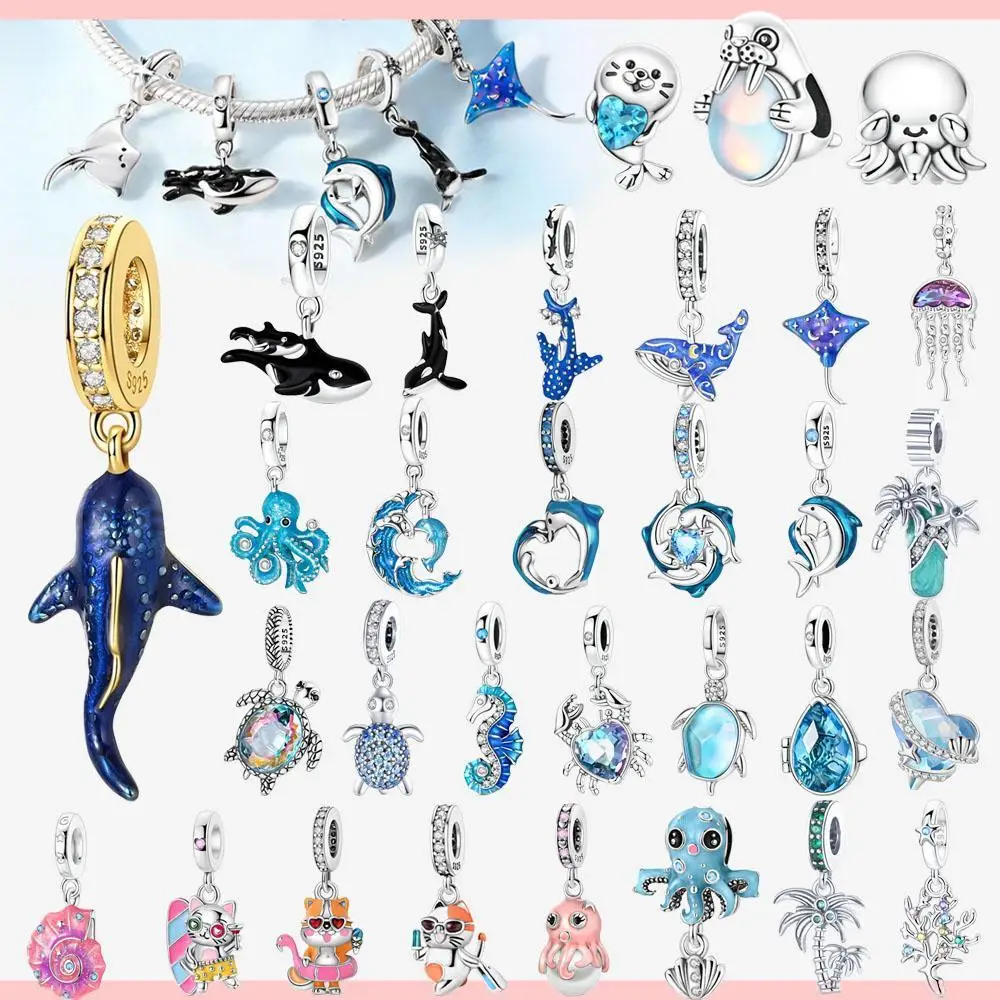 Whale Shark & Orca Killer Whale 925 Sterling Silver Dolphin Dangle Charms Fit Original Bracelet Beads Women Jewelry DIY Gift
