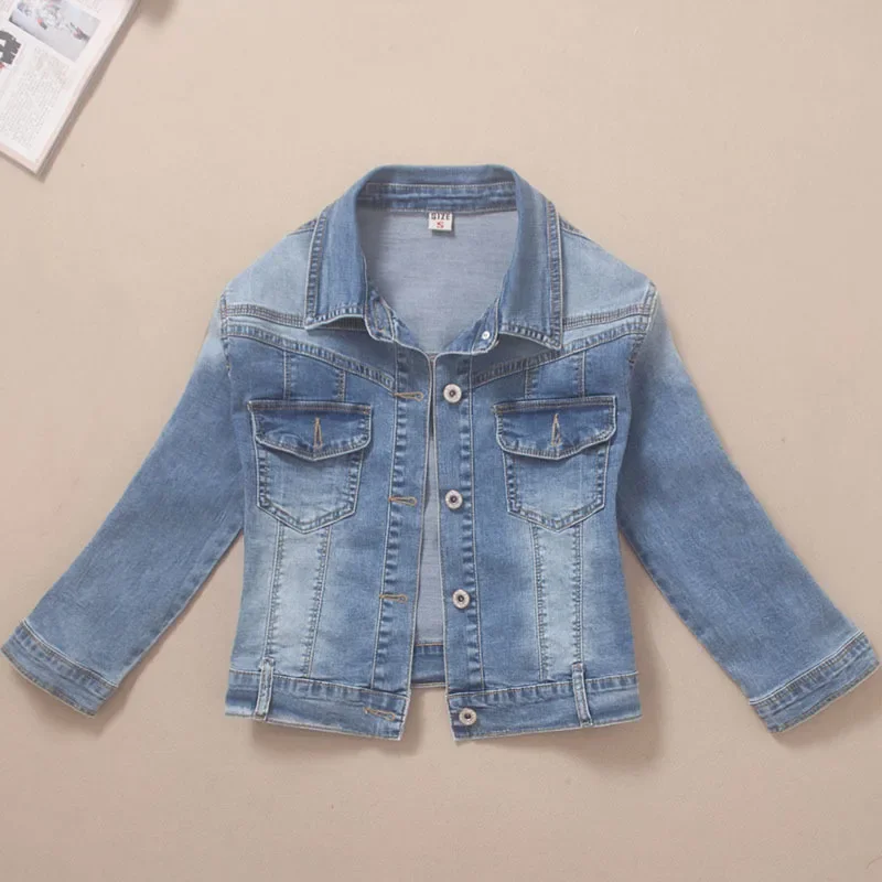 

Vintage Blue Elasticity Slim Denim Jacket Women Short Cowboy Outerwear Three Quarter Sleeve Big Pocket Jeans Jacket Coat Female