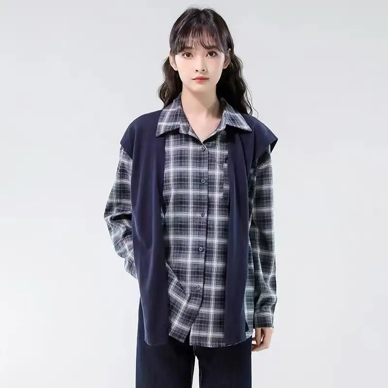 

Новая свободная повседневная универсальная блузка-накидка в американском ретро-стиле в клетку, размер 300 Pou, весна-осень