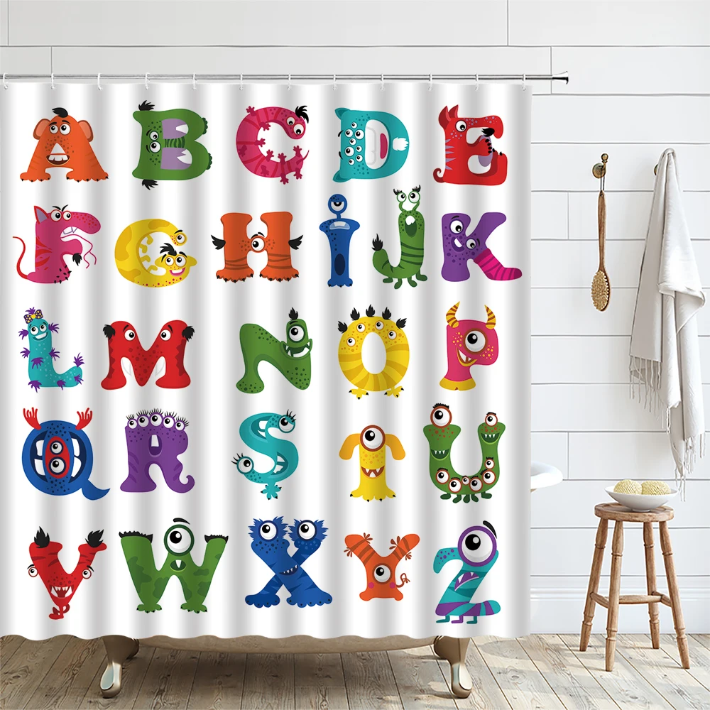 Alphabet Shower Curtain Kids Educational Cute Cartoon Learning Polyester Fabric with Hooks for Boy Child Bathroom Decor Curtains