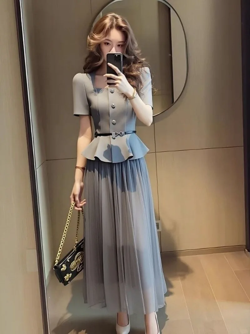 

New Summer Korean Fashion Women's Suit High End Elegant Square Collar Slim Short Sleeve Top + High Waist Mesh Skirt 2 Piece Set