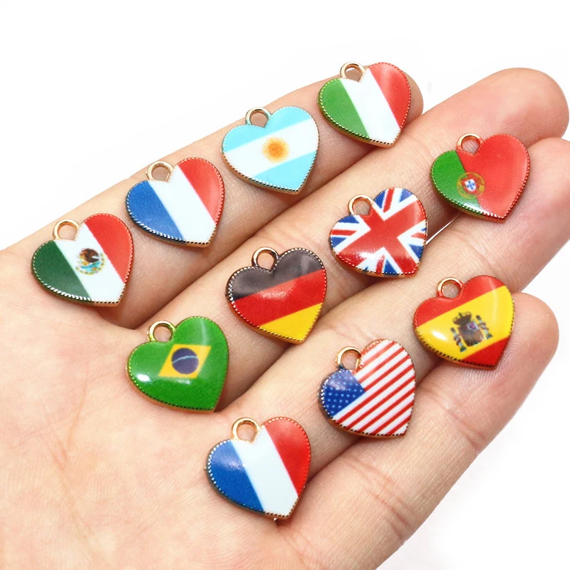 20pcs 15x16mm Enamel National Flags of Countries Heart Charms Pendant DIY Jewelry Making Accessories for Necklace Earrings view 2