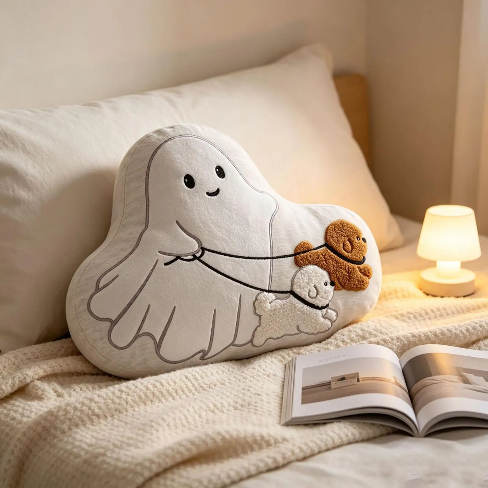 Ghost-shaped Throw Pillow Cute Decorative Ghost Dog Walking Cushion Halloween Warm Stuffed Pillows For Indoor Outdoor Home