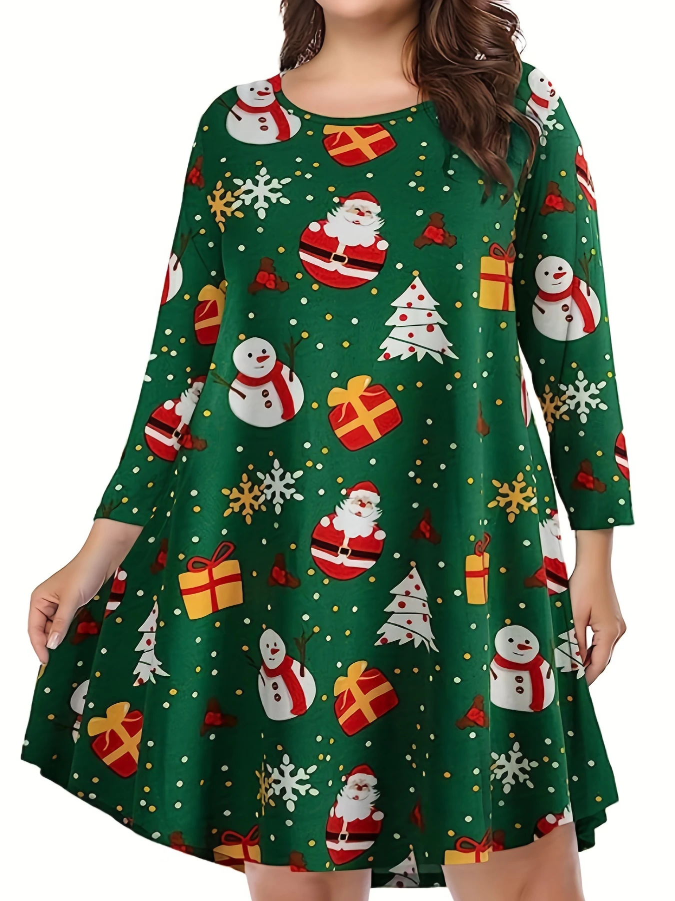 Plus size women's round neck long sleeved fashionable dress with Christmas print loose casual women's dress