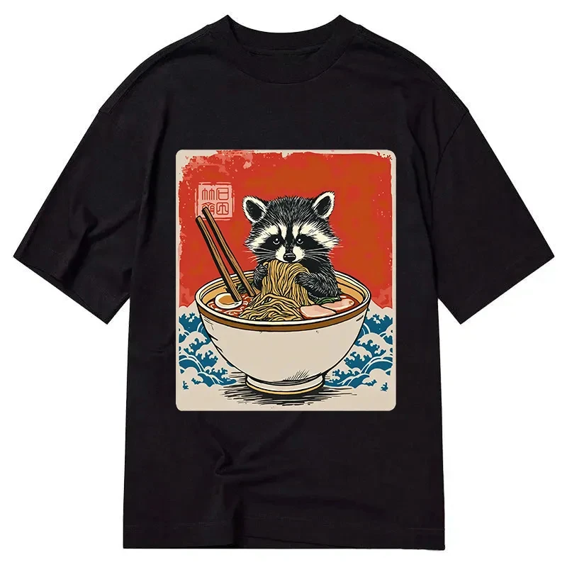 Raccoon Eating Ramen Japanese Art T-Shirt Men Women Cute Ukiyo-E Style Print Oversized Casual Streetwear Short Sleeve Tee Tops
