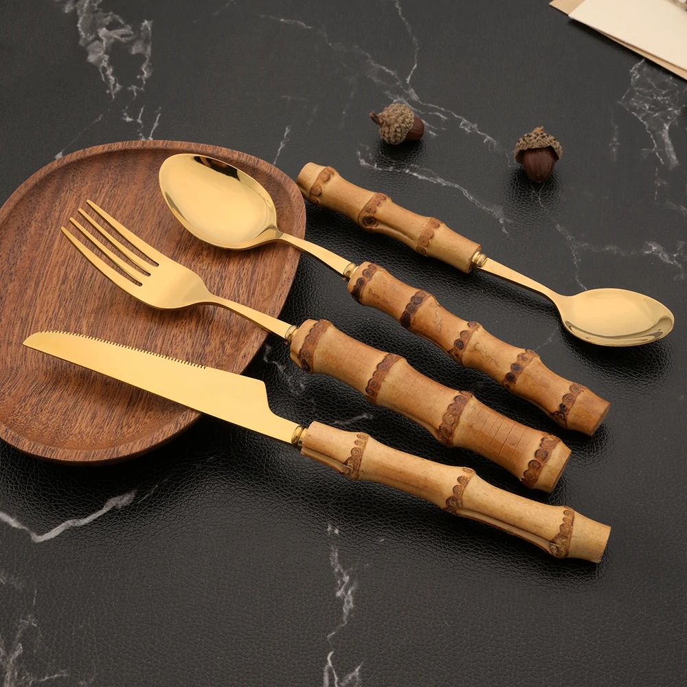 24Pcs Nature Bamboo Handle Cutlery Stainless Steel Dinnerware Sets Knife Fork Spoon Purely Natural Bamboo Tableware Set