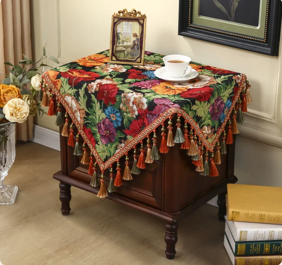 Vintage European Floral Jacquard Nightstand Cover With Colorful Tassel Luxury Dustproof Table Runner Retro Decorative Table Cove