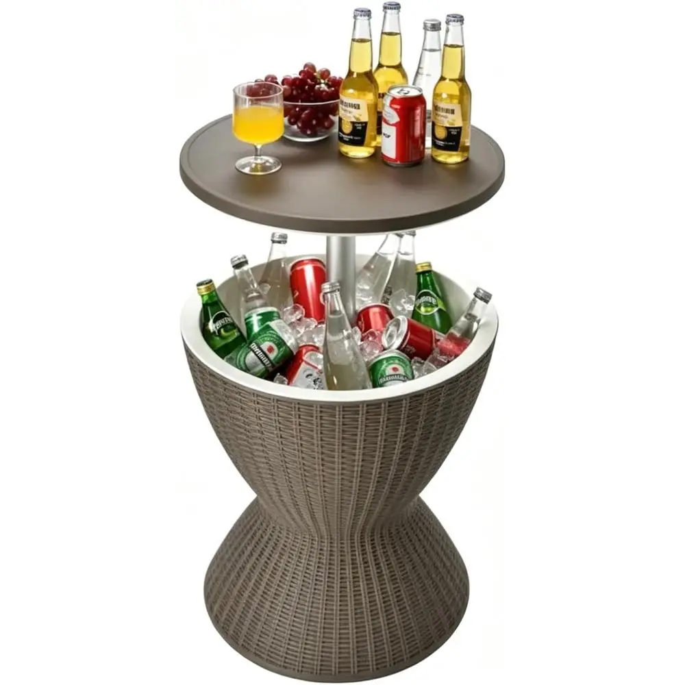 

Weather-Resistant Rattan Patio Cooler Table with Adjustable Height, 8 Gallon Capacity, Drain Plug, 3-in-1 Design for Outdoor Par