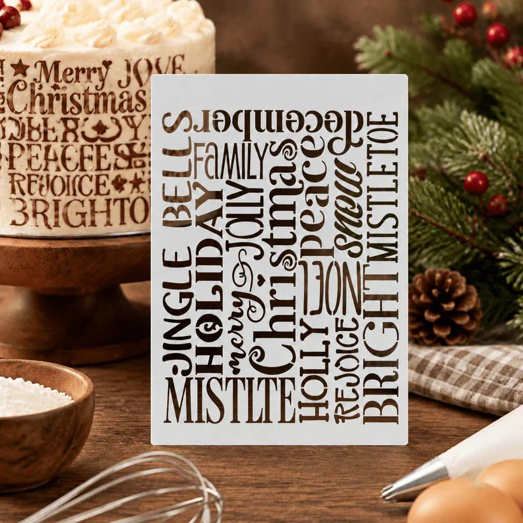 Christmas Word Stencil 29×20cm Reusable Plastic Letter Template for Cake Decor Wood Painting Xmas DIY Holiday Craft