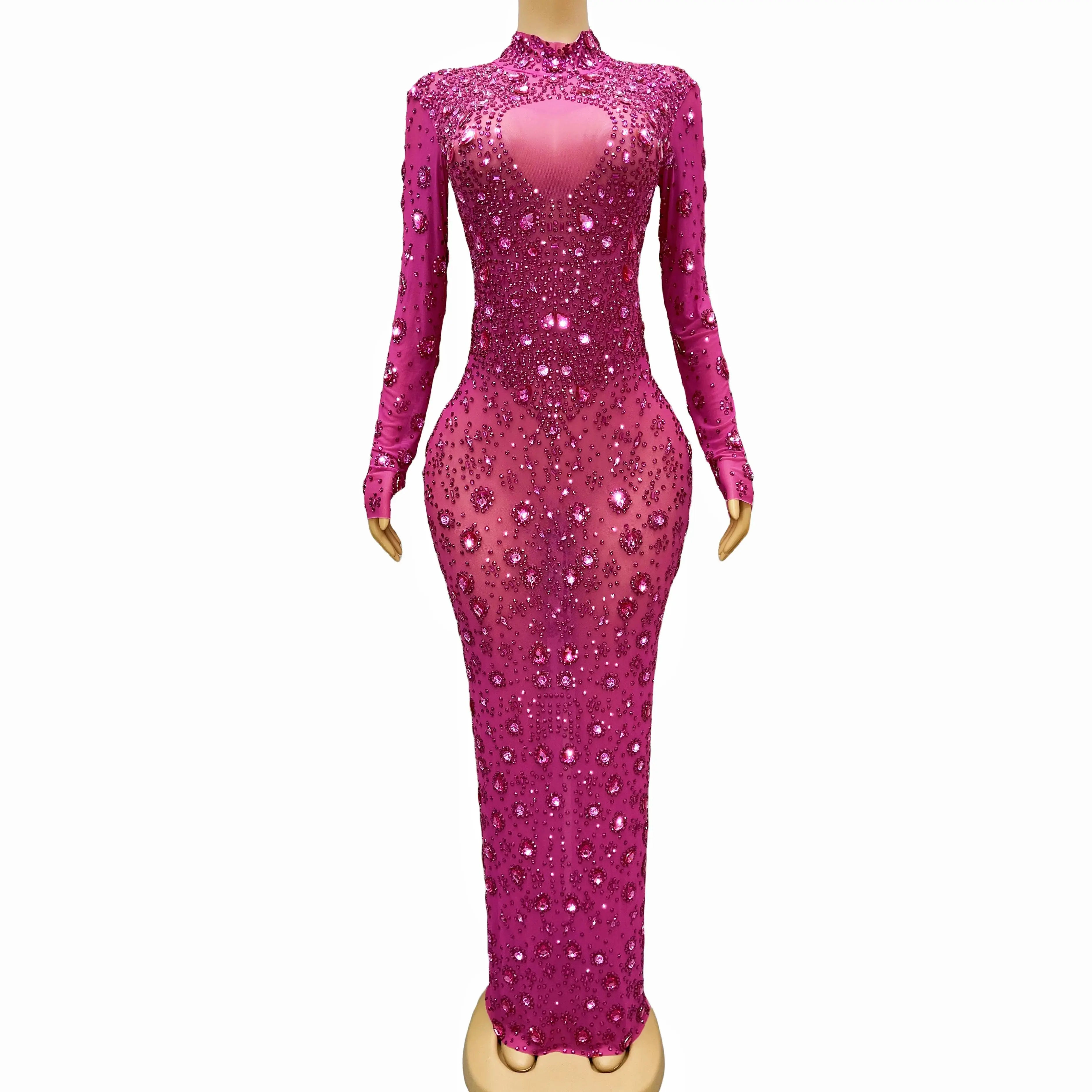 

Brilliant Rose Rhinestones Long Sleevees Dress Birthday Party Sexy Crystals Outfit Singer Performance translucent Costume