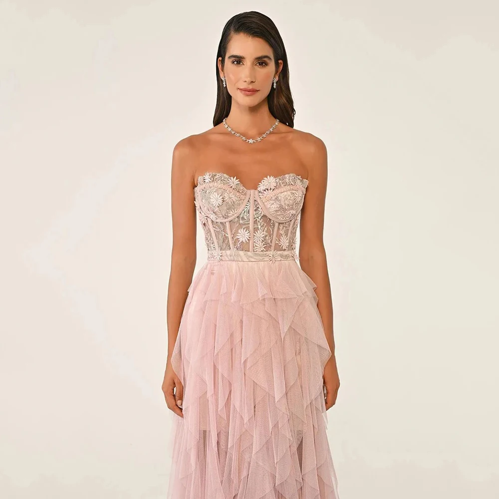 Customized Elegant Tulle Applique Ruffle A-line Strapless Long Dresses Bespoke Occasion Dresses Modern Style Casual High quality