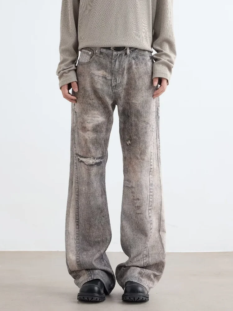 

2024 Pantalones Y2K, уличная одежда, винтажные серые мешковатые расклешенные джинсы с 3D принтом, брюки для мужчин, одежда в стиле пэчворк, длинные брюки в стиле Харадзюку