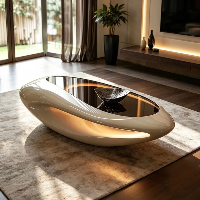 Oval Black Glass Desktop Coffee Table Beige Glossy Fiberglass Frame with Ambient LED Light