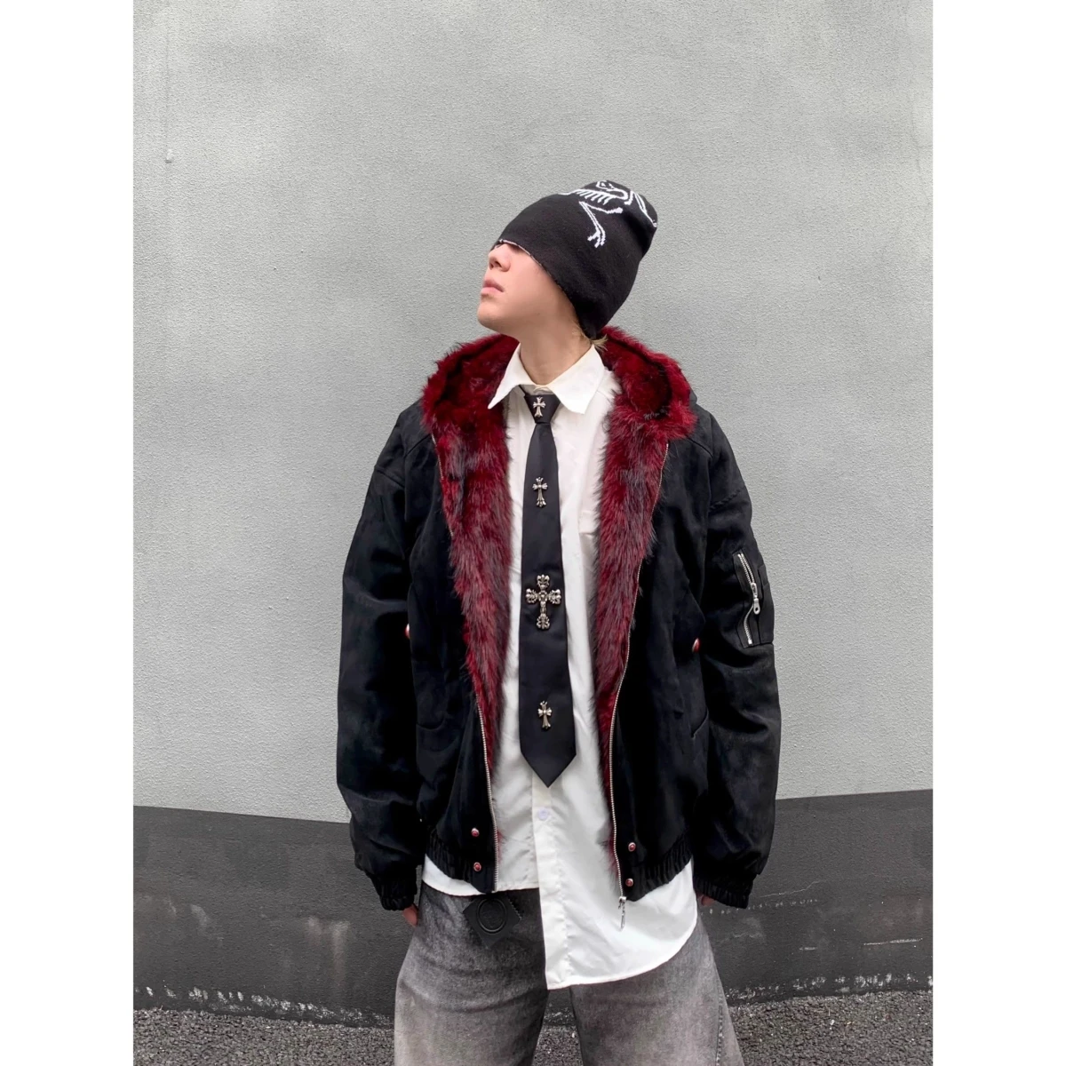 

Winter American Vintage Hooded Wine Red Fur Collar Cotton Jaet Design Sense Zipper ort Wide Version Coat for Teenagers