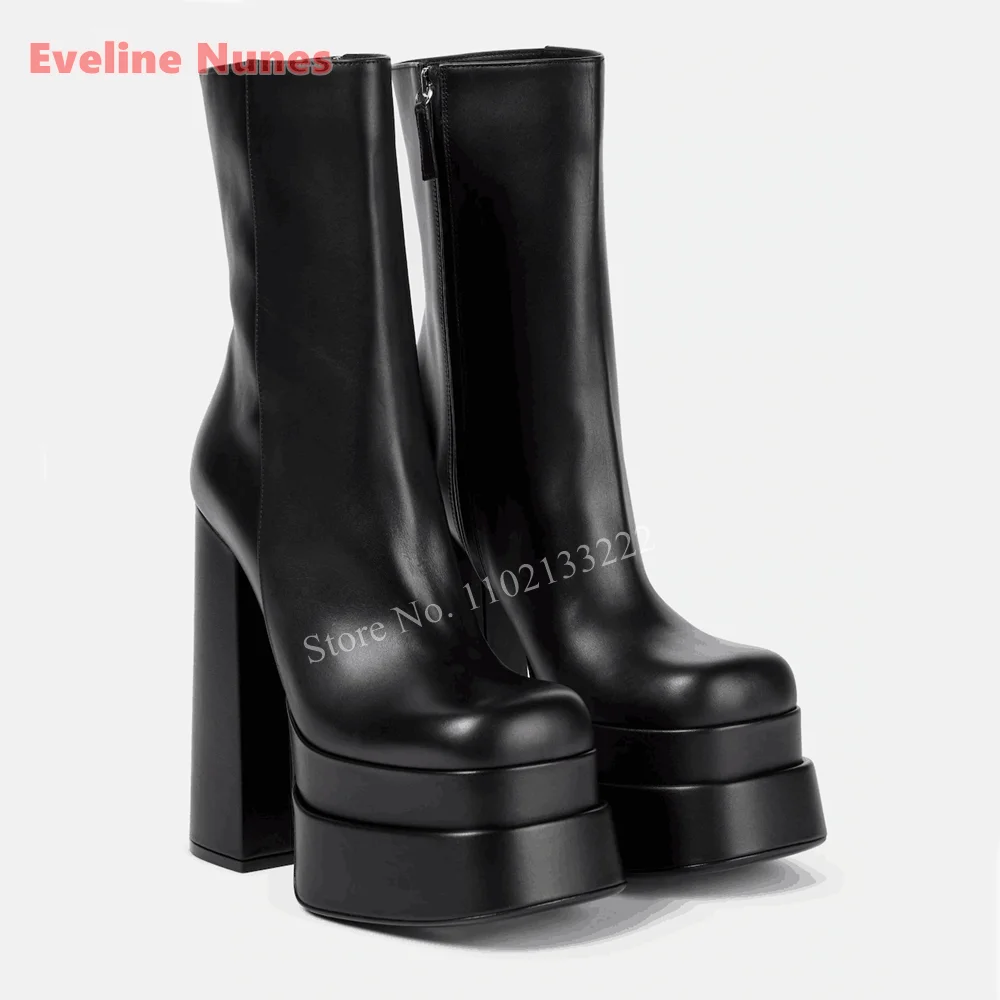 2024 Black Leather Platform Ankle Boots News Simple Women\'s Side Zipper Chunky High Heel Round Toe Night Club Anti-slip Shoes