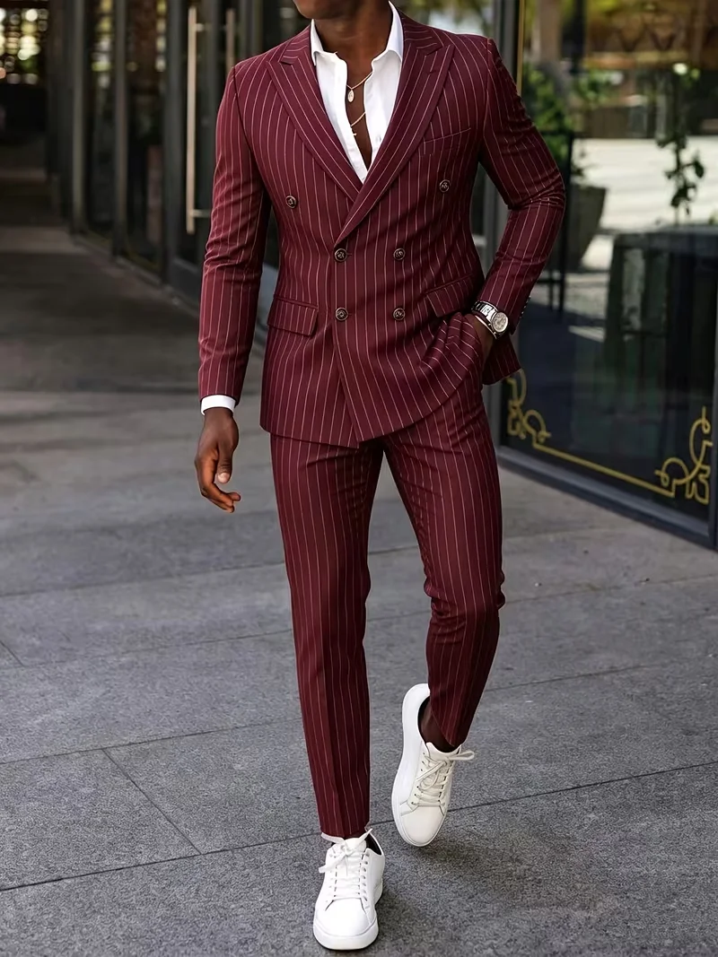 

Luxury Burgundy Striped Double Breasted Suit 2 Piece, Premium Tailored Slim Fit Formal Suit for Men Wedding Party Business
