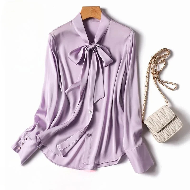 

LLace up Bow Silk Satin Shirts Spring Summer Comfortable Soft Women Tops French Elegant Solid Silk Blouses Office XQ201