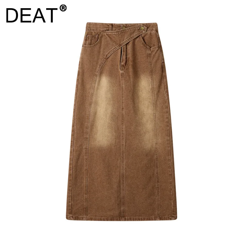 

DEAT Women's Denim Skirt Brown Washed Split A-line Patchwork Female Retro High Waist Mini Skirt Autumn 2024 New Fashion 29L8778