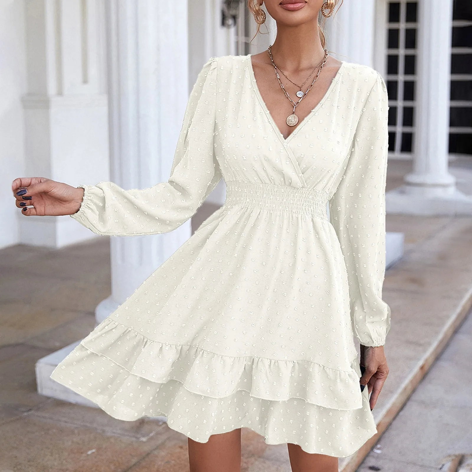 Women's Chiffon Solid Dress Spring Summer A Line V-Neck Loose High Waist Elegant Ruffles Party Summer Dresses Pink Red White