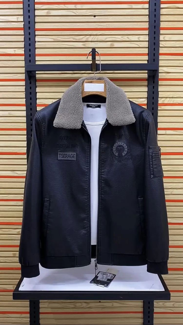 

Men's Fce Lined Leather Jaet Winter Thiened Casual Sle Inteated Collar Motorbike Jaet Outerwear for Youth