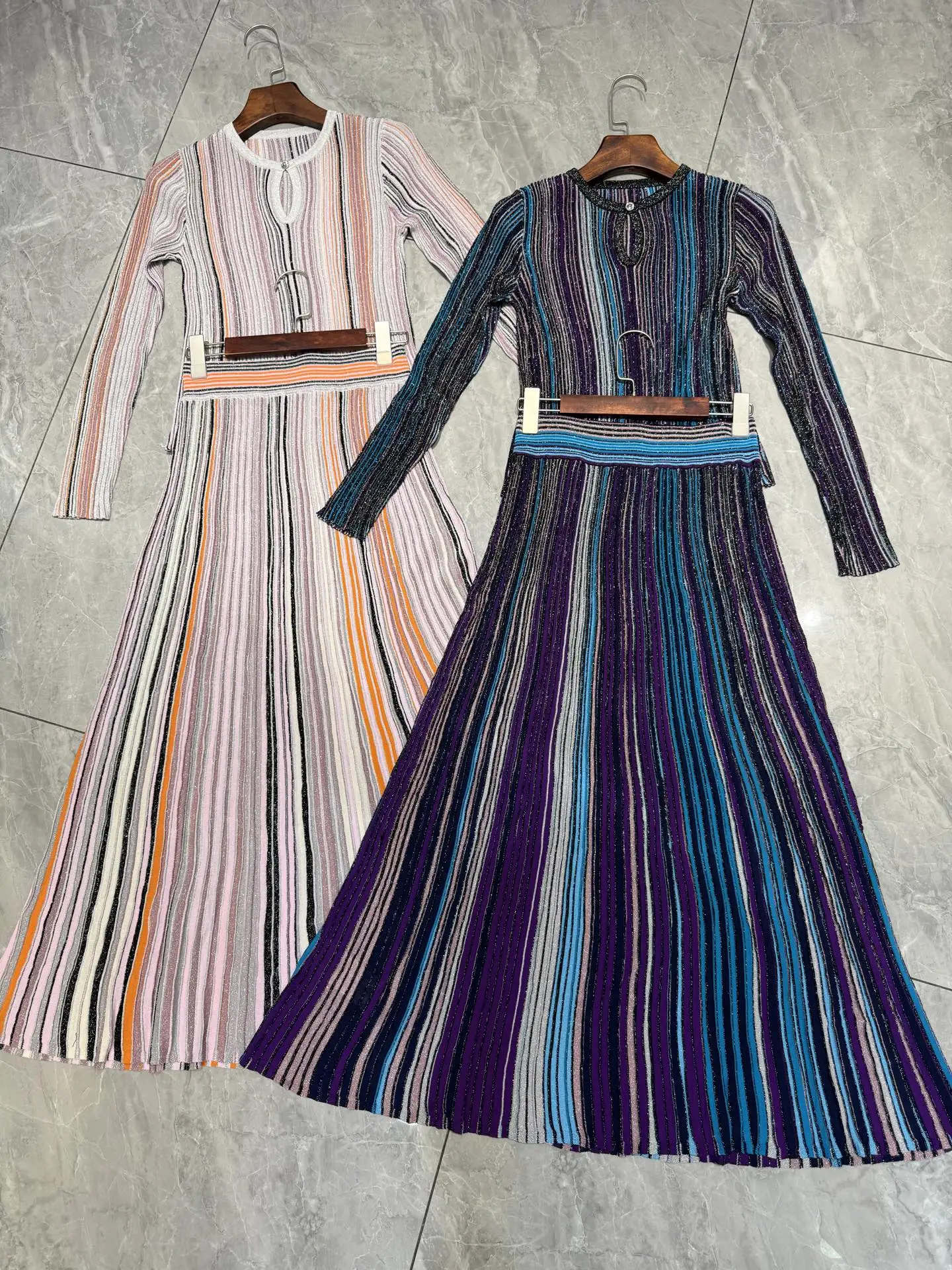 

Women Round Neck Metallic Sequined Striped Long Sleeve Knit Top+ Elastic Waist Long Skirts Sets 2 Colors
