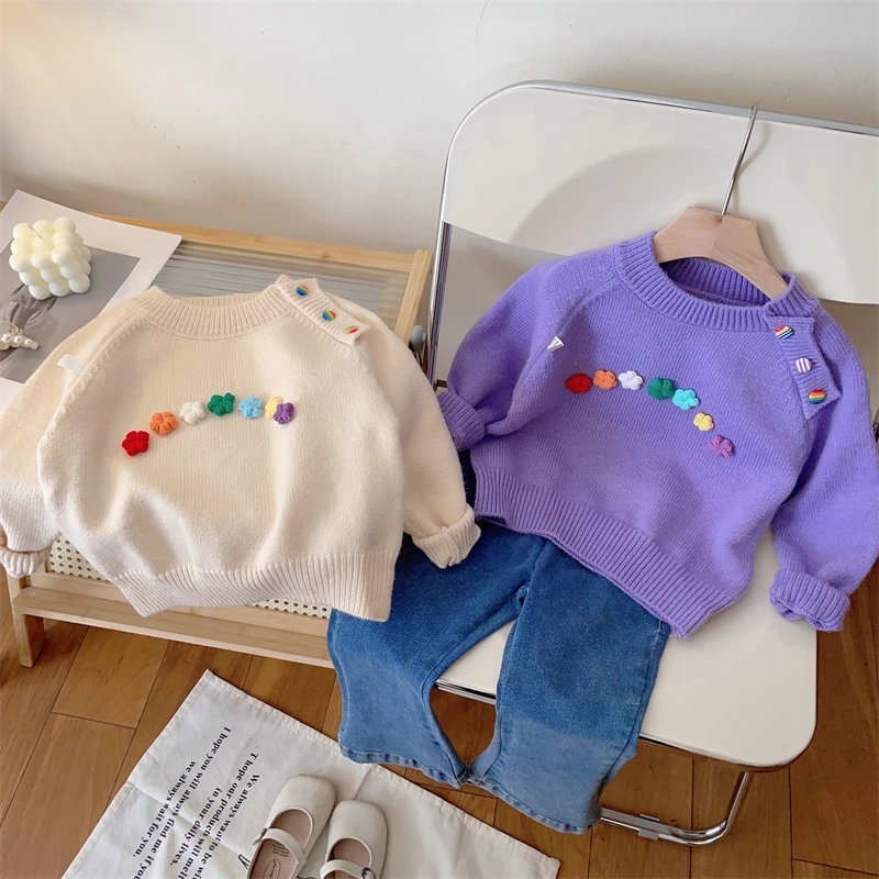 

Girls Knitted Sweater round Ne Long Sve Warmth Floral 3D Embroidery Spring Autumn New Sle Korean Version Base Layer Top