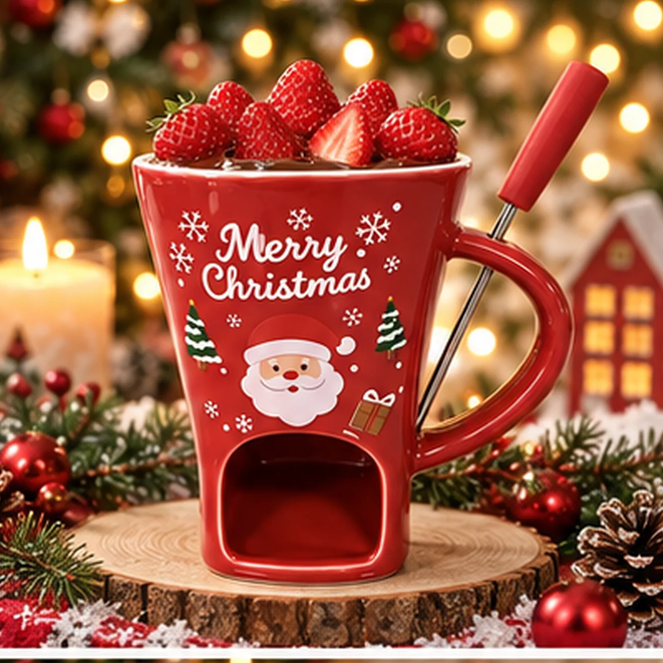 155 ML Christmas Ceramic Fondue Mug Chocolate Melting Pot with Fork Santa Claus Candle Heater Cheese Cup Winter Holiday Gift