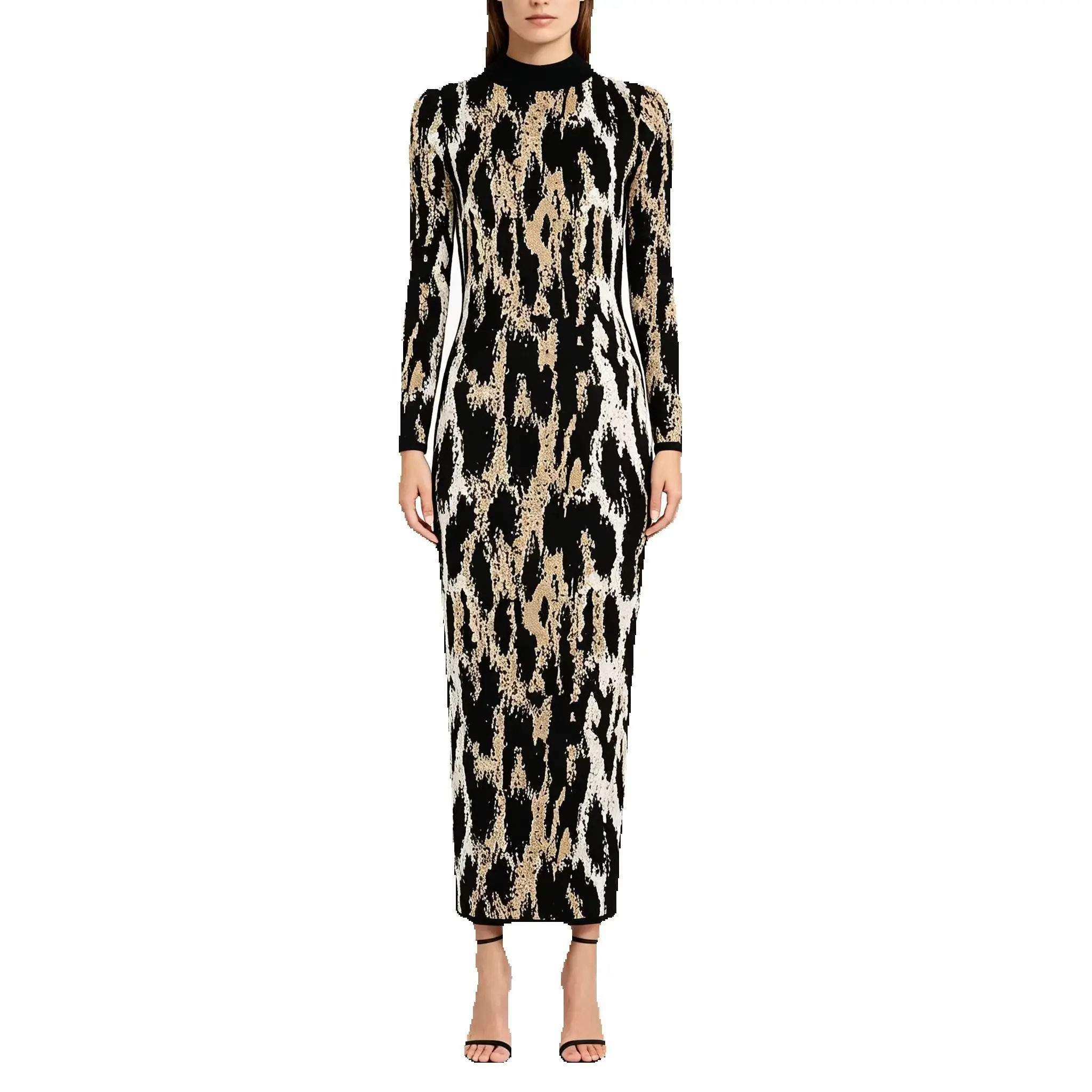 Hochwertiges Herbst-Modekleid mit elastischem Strick, Rundhalsausschnitt, schmaler Passform, Rückenreißverschluss, Leopardenmuster und langen Ärmeln für Damen.