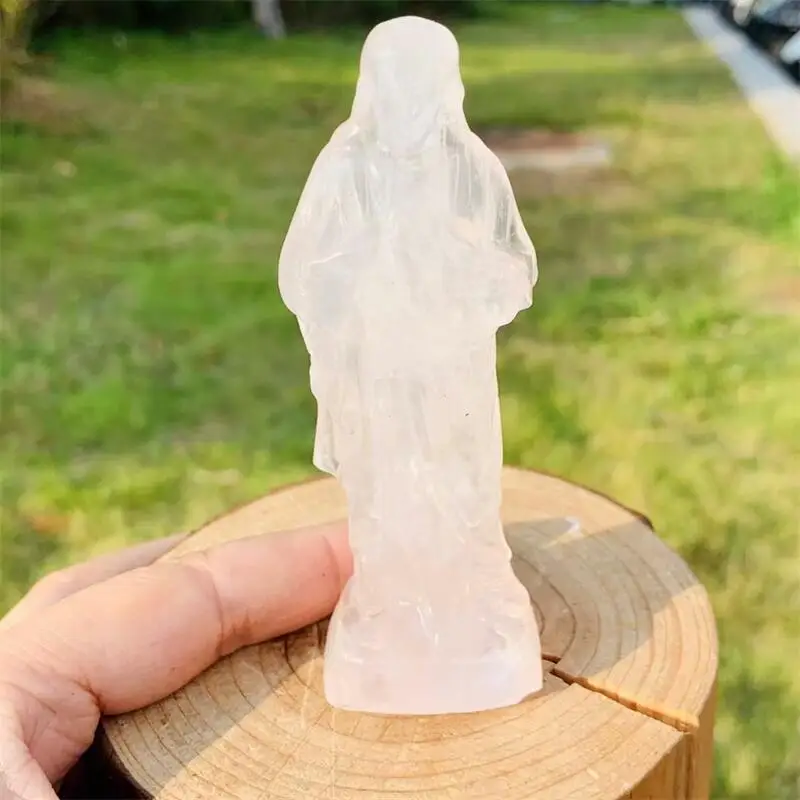 10CM Natural Rose Quartz Jesus Statue Carving Handmade Carved Crafts Figurine Healing Ornament Room Decor 1PCS