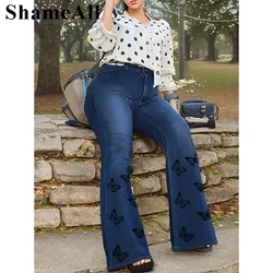 Damskie dżinsy Plus Size z nadrukiem motyla, damskie dżinsy Plus Fly Flare Leg Casual Jeans