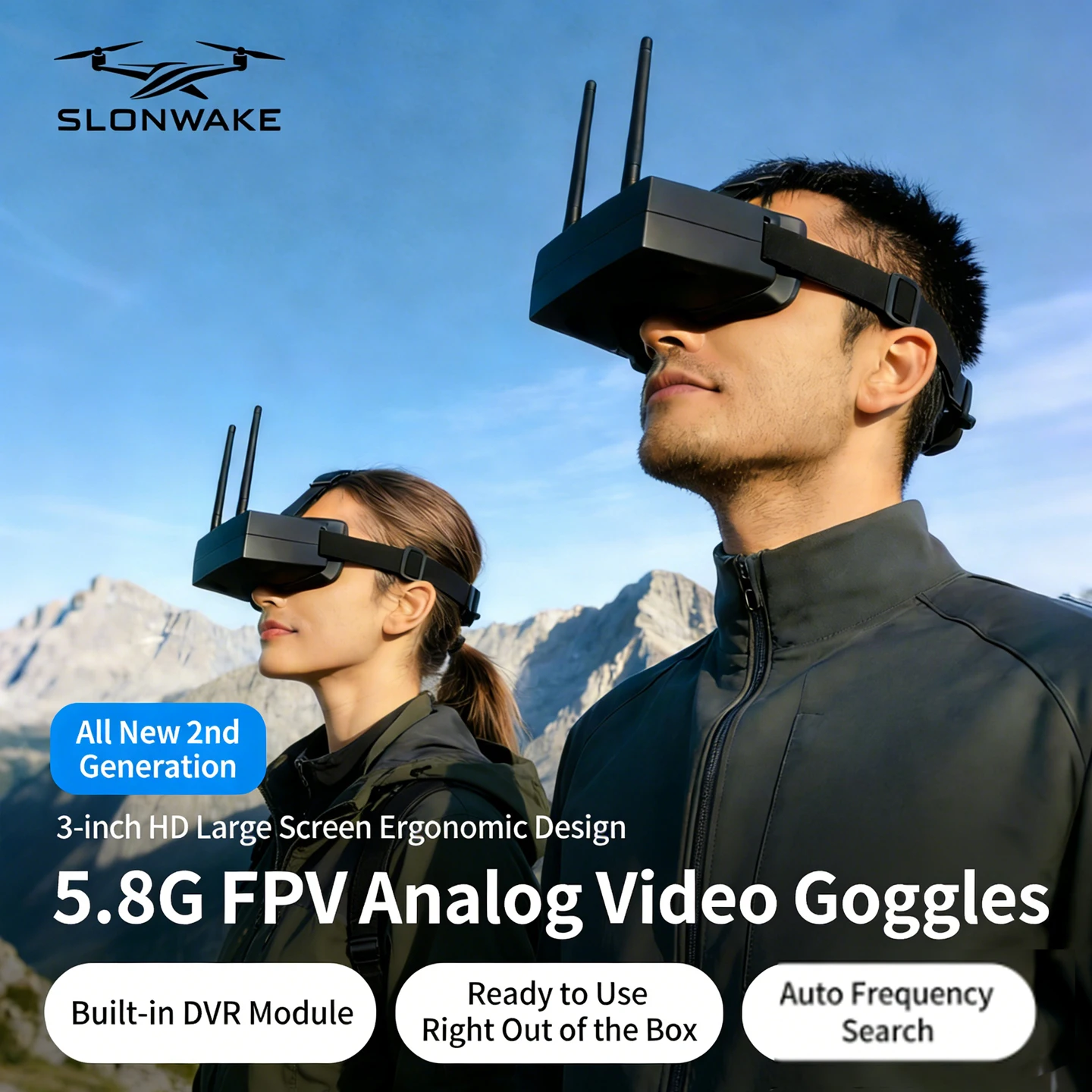 SLONWAKE FPV Goggles 3 Inch 5.8G Analog with DVR Module Ultra-Low Latency build in battery for FPV Drone Racing Accessories