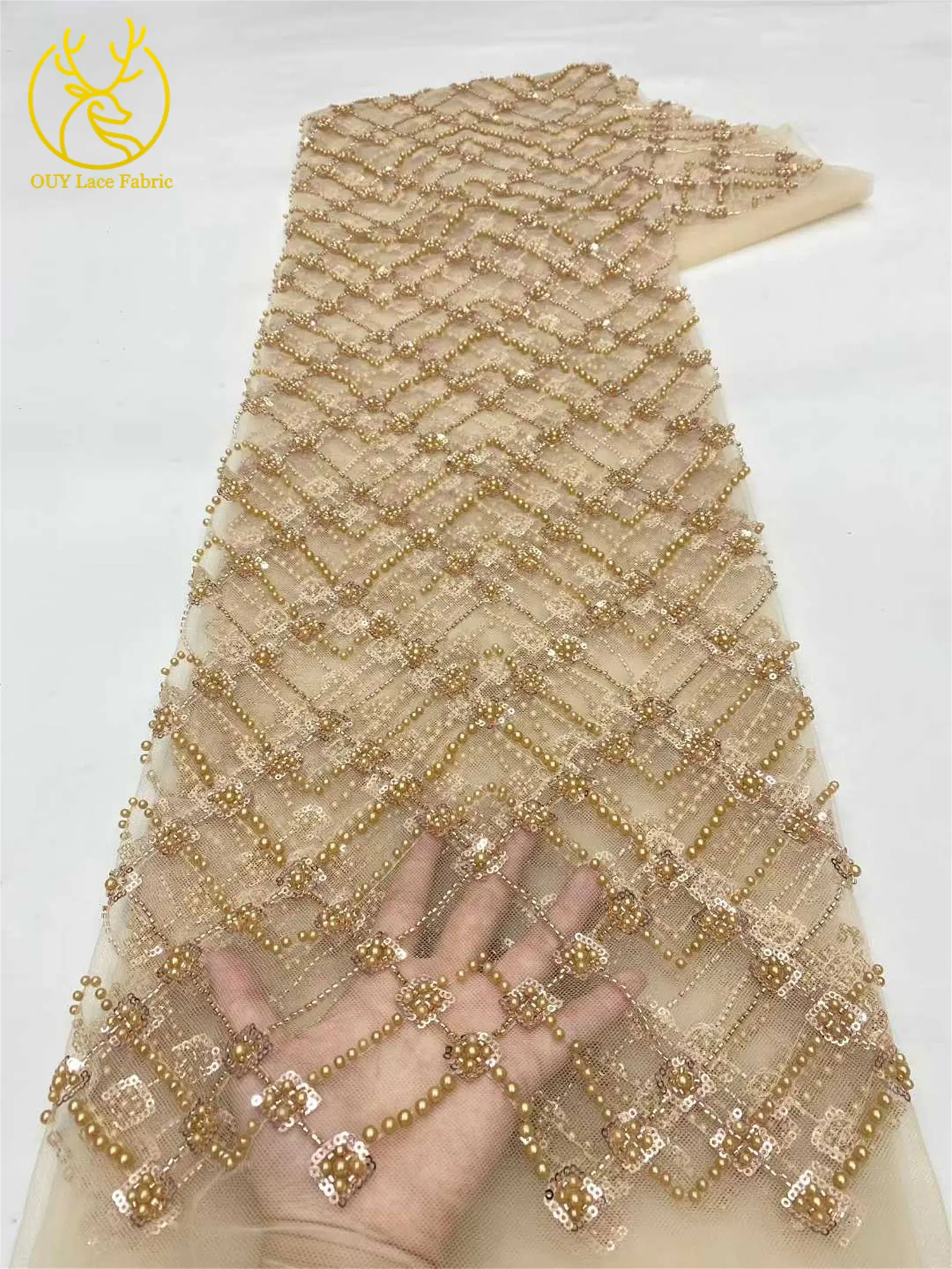 Champagner Luxus Afrikanischer Bräutigam Perlen-Spitzenstoff 2026 Hochwertige Spitze Brautkleid-Spitze Nigerianischer Pailletten-Spitzenstoff – Detail 16